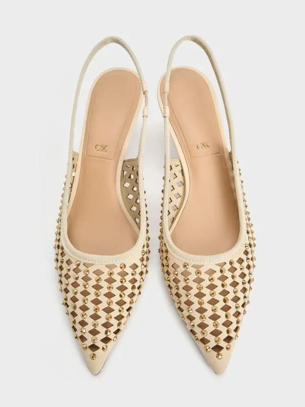 Women Studded CutOut KittenHeel Slingback Pumps 8211 Cream CHARLES and KEITH Heels