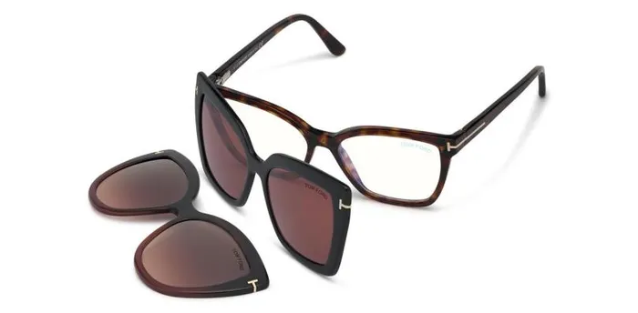 Women SUNGLASSES Tom Ford Double Clip On Blue Block Opticals Red Havana