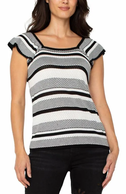 Women Sweaters Liverpool Los Angeles Ruffle Sleeve Sweater Top White Black Stripe