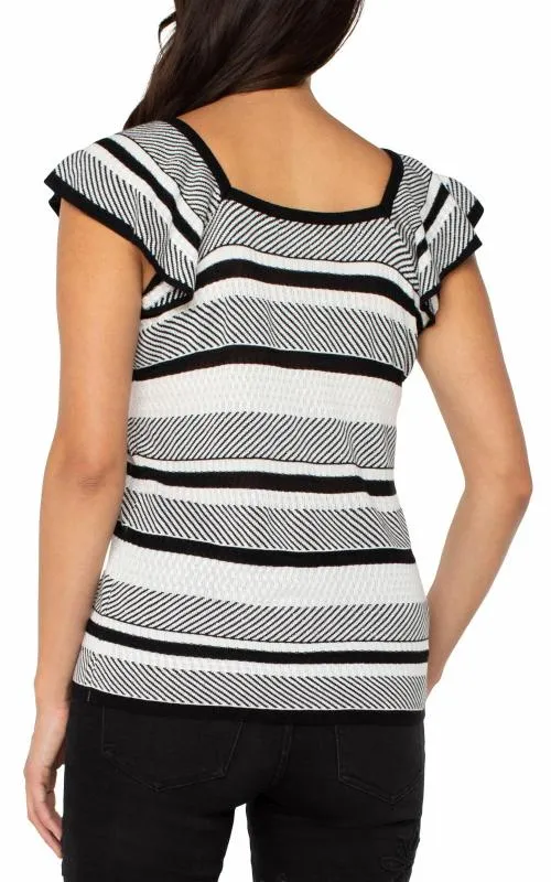 Women Sweaters Liverpool Los Angeles Ruffle Sleeve Sweater Top White Black Stripe