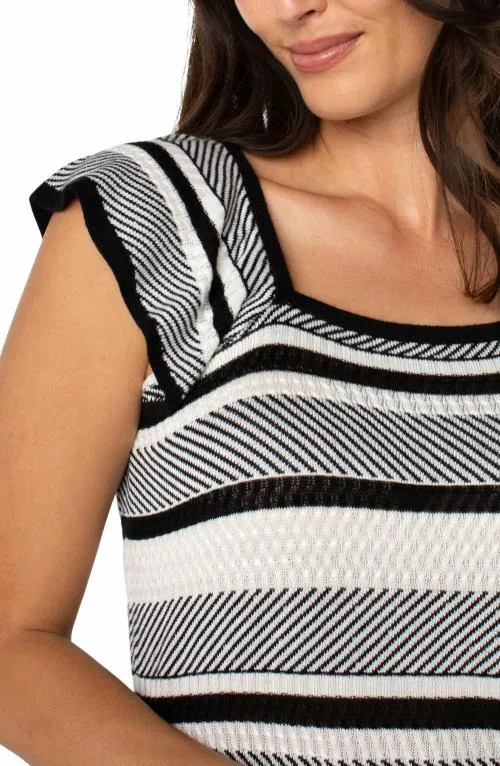 Women Sweaters Liverpool Los Angeles Ruffle Sleeve Sweater Top White Black Stripe