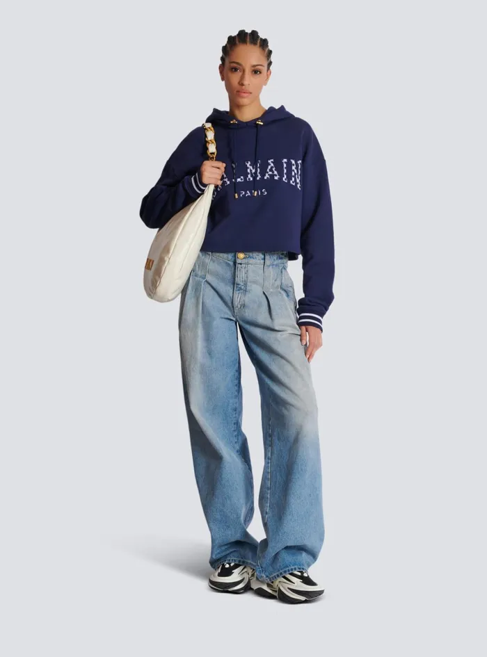 Women Sweatshirts Balmain Paris Gingham Hoodie Navy