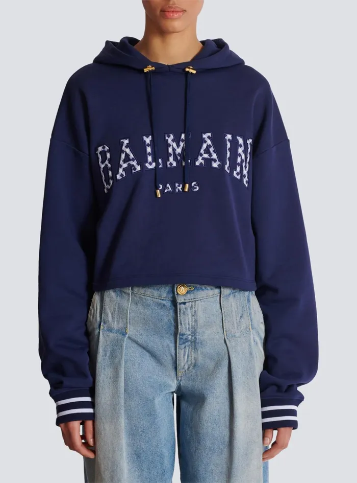 Women Sweatshirts Balmain Paris Gingham Hoodie Navy