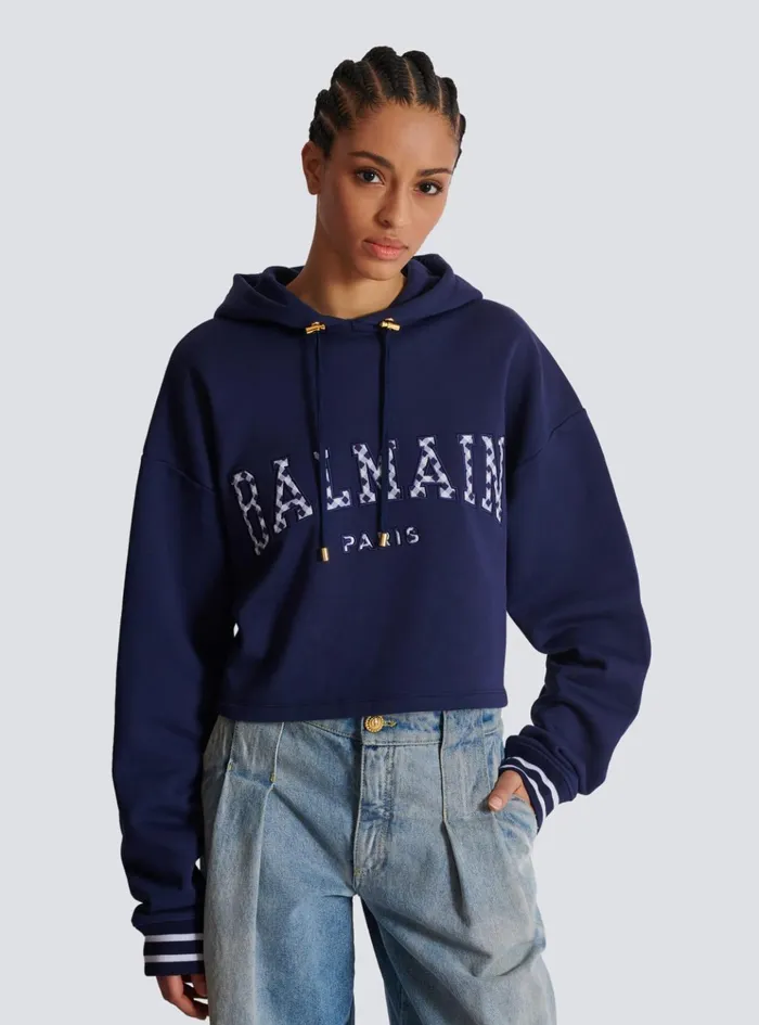 Women Sweatshirts Balmain Paris Gingham Hoodie Navy