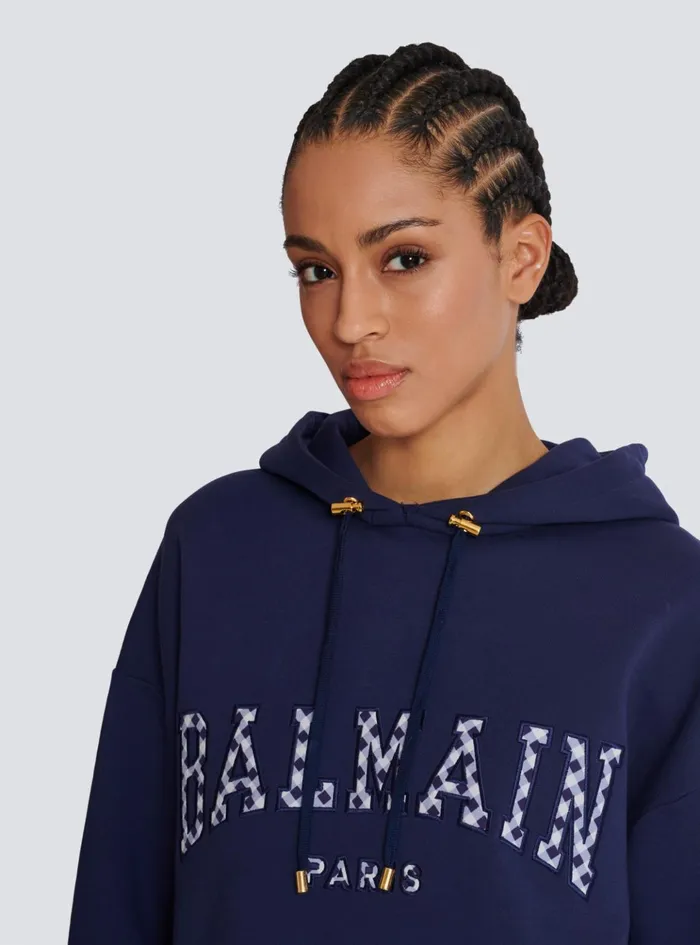 Women Sweatshirts Balmain Paris Gingham Hoodie Navy