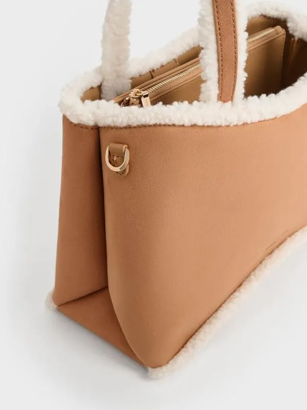 Women Sybill Faux Suede FurTrim Tote Bag 8211 Multi CHARLES and KEITH Tote Bags