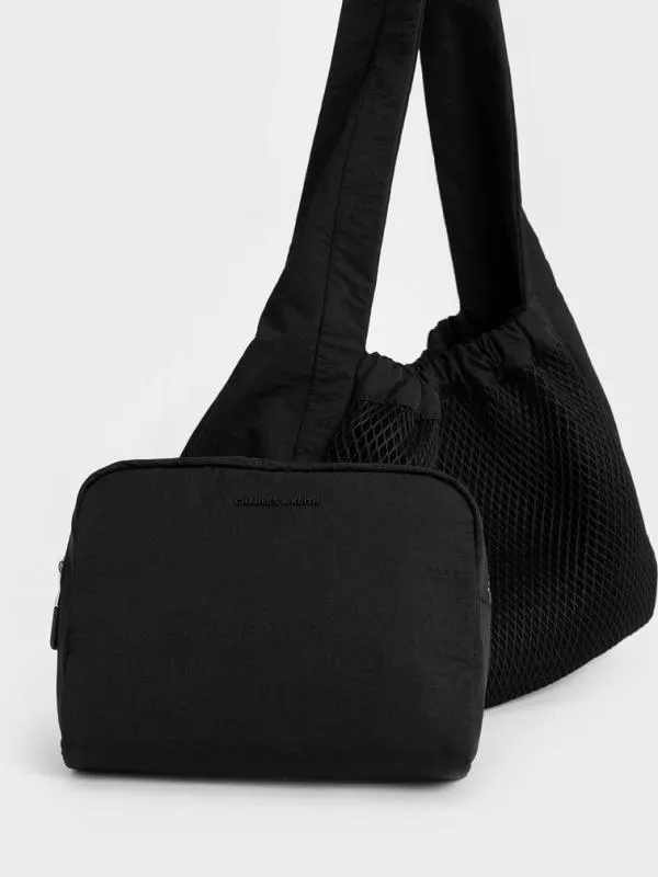 Women Terra Mesh and Nylon Shoulder Bag 8211 Noir CHARLES and KEITH Slouchy Bags