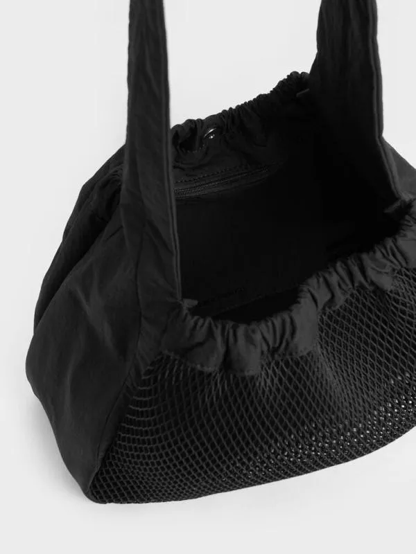 Women Terra Mesh and Nylon Shoulder Bag 8211 Noir CHARLES and KEITH Slouchy Bags