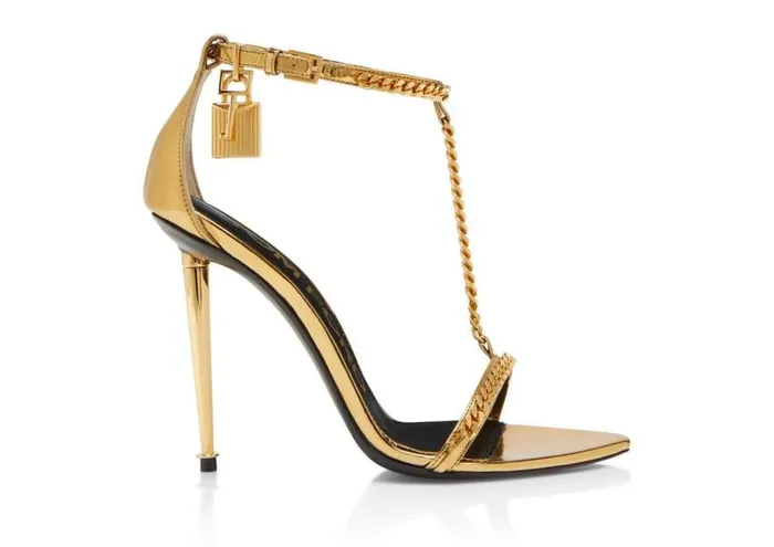 Women The Padlock Tom Ford Mirror Leather Padlock Chain Pointy Naked Sandal Gold