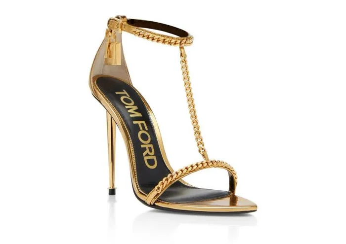 Women The Padlock Tom Ford Mirror Leather Padlock Chain Pointy Naked Sandal Gold