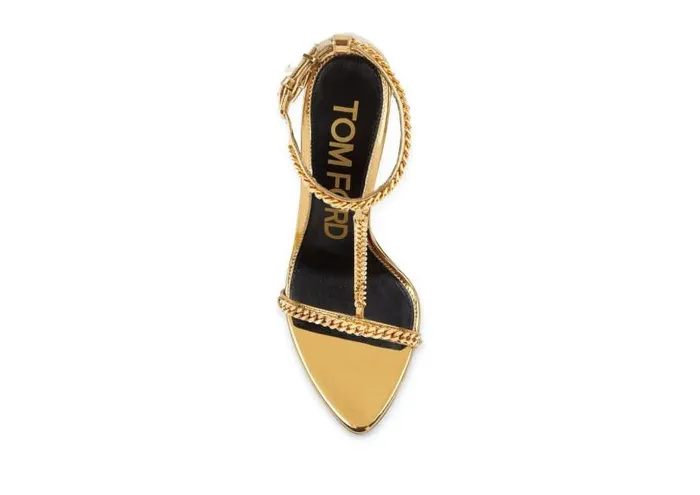 Women The Padlock Tom Ford Mirror Leather Padlock Chain Pointy Naked Sandal Gold