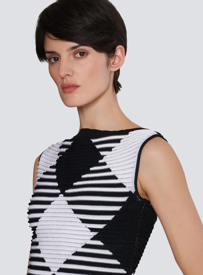 Women Tops And Shirts Balmain Cropped Top In Rolled Gingham Knit Black