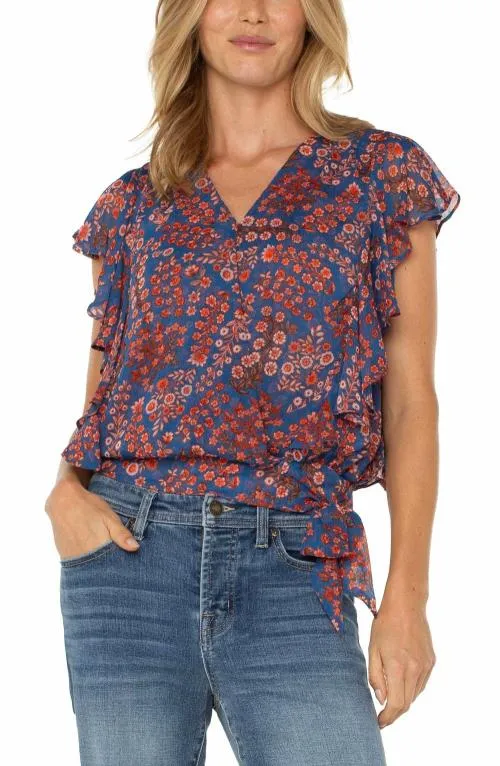Women Tops Liverpool Los Angeles Draped Front Top With Waist Tie Blue Pink Floral