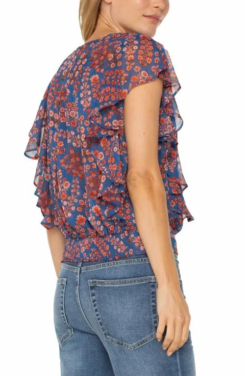 Women Tops Liverpool Los Angeles Draped Front Top With Waist Tie Blue Pink Floral