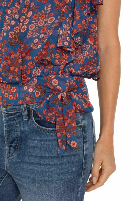 Women Tops Liverpool Los Angeles Draped Front Top With Waist Tie Blue Pink Floral