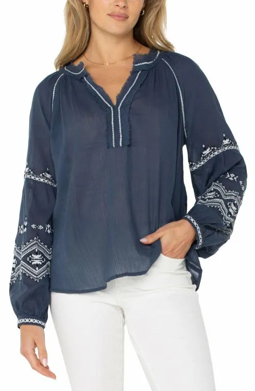 Women Tops Liverpool Los Angeles Long Sleeve Raglan Woven Blouse Insignia Blue