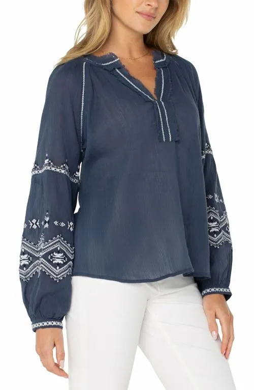 Women Tops Liverpool Los Angeles Long Sleeve Raglan Woven Blouse Insignia Blue