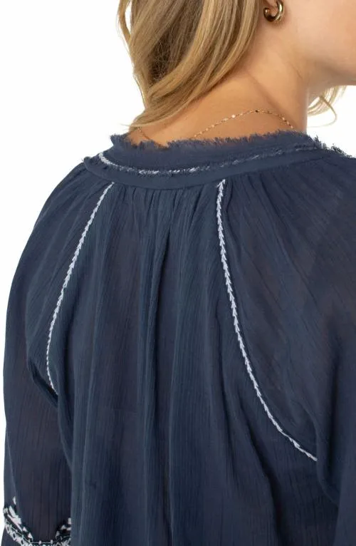 Women Tops Liverpool Los Angeles Long Sleeve Raglan Woven Blouse Insignia Blue