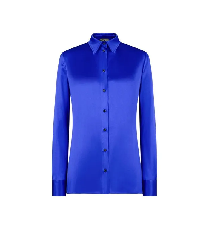 Women Tops Tom Ford Stretch Silk Satin Shirt Cobalt Blue