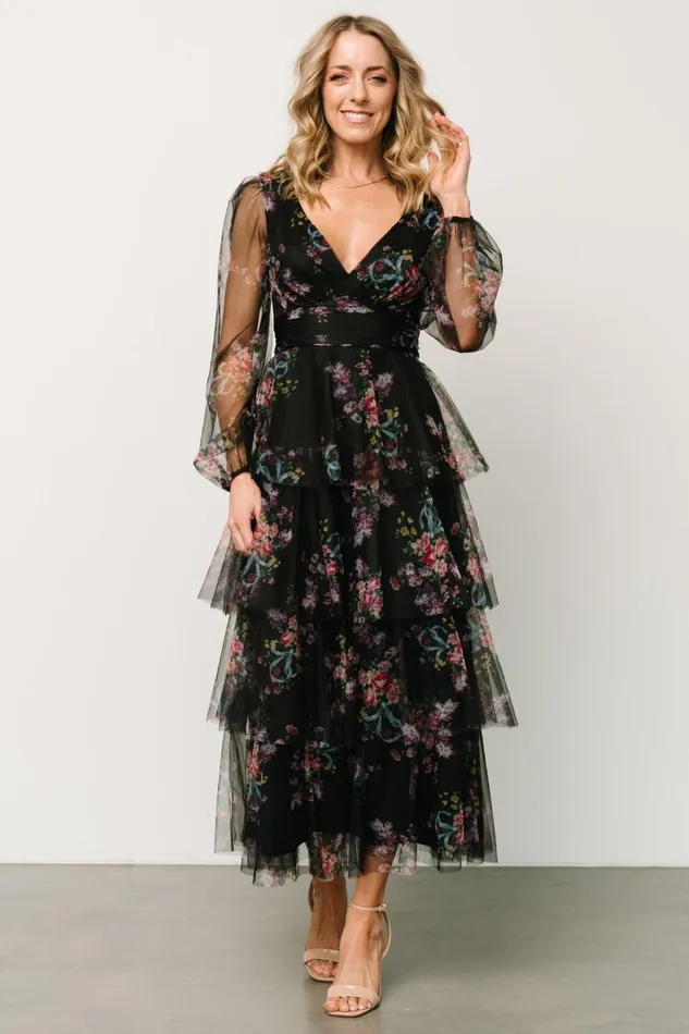 Women Tulle Styles Baltic Born Carolina Tulle Tiered Maxi Dress Black Floral