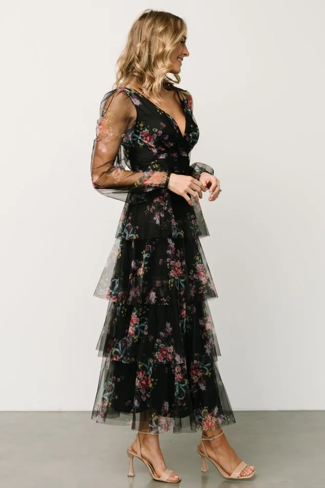 Women Tulle Styles Baltic Born Carolina Tulle Tiered Maxi Dress Black Floral Women Tulle Styles Baltic Born Carolina Tulle Tiered Maxi Dress Black Floral