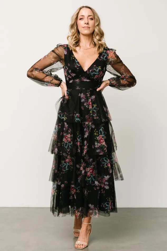 Women Tulle Styles Baltic Born Carolina Tulle Tiered Maxi Dress Black Floral Women Tulle Styles Baltic Born Carolina Tulle Tiered Maxi Dress Black Floral