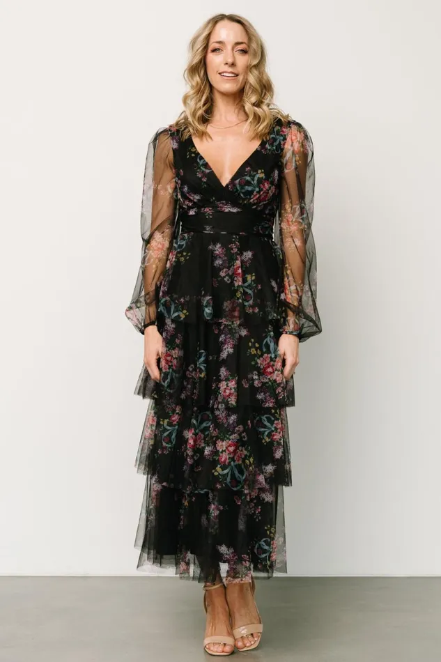 Women Tulle Styles Baltic Born Carolina Tulle Tiered Maxi Dress Black Floral Women Tulle Styles Baltic Born Carolina Tulle Tiered Maxi Dress Black Floral