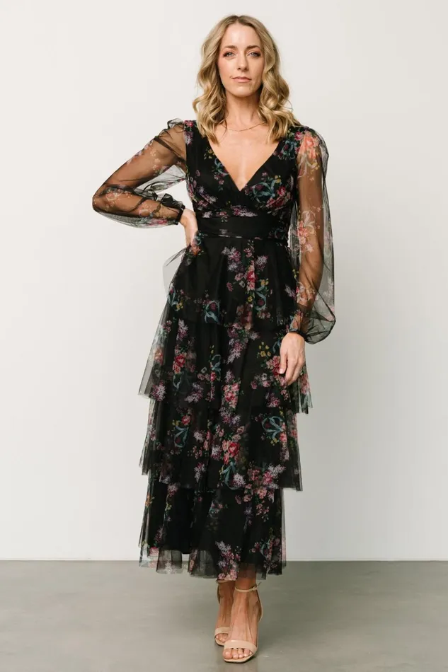 Women Tulle Styles Baltic Born Carolina Tulle Tiered Maxi Dress Black Floral Women Tulle Styles Baltic Born Carolina Tulle Tiered Maxi Dress Black Floral