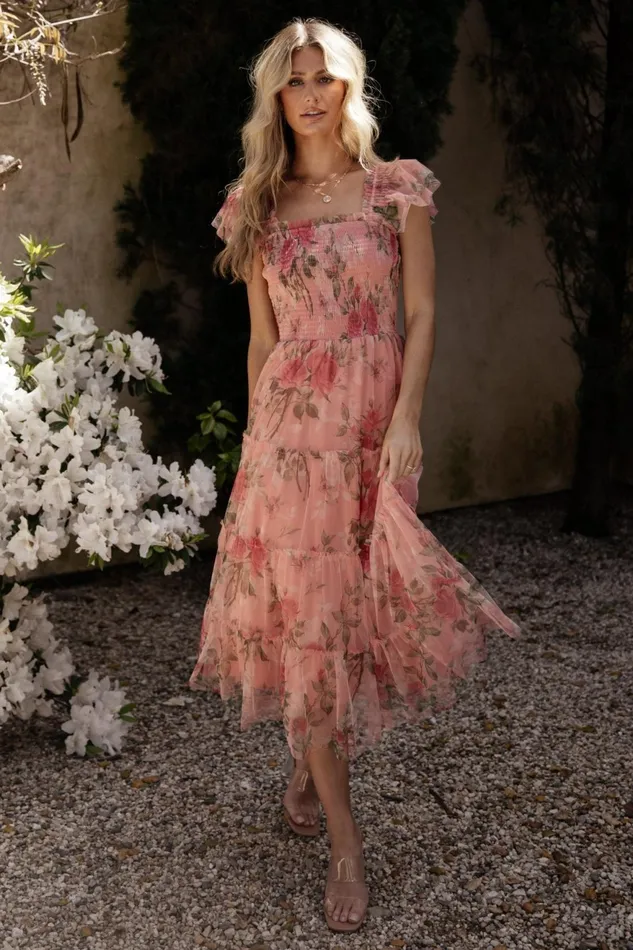 Women Tulle Styles Baltic Born Clementine Tulle Midi Dress Pink Rose Floral