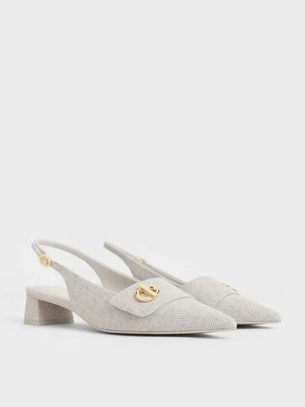 Women Tweed MetallicAccent PointedToe Slingback Pumps 8211 Light Grey CHARLES and KEITH Heels