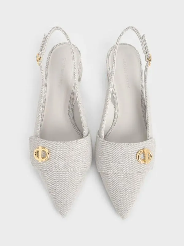 Women Tweed MetallicAccent PointedToe Slingback Pumps 8211 Light Grey CHARLES and KEITH Heels