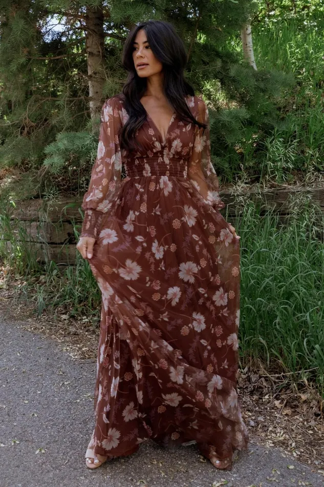 Women Wedding Guest Baltic Born Layla Tulle Maxi Dress Chestnut Floral