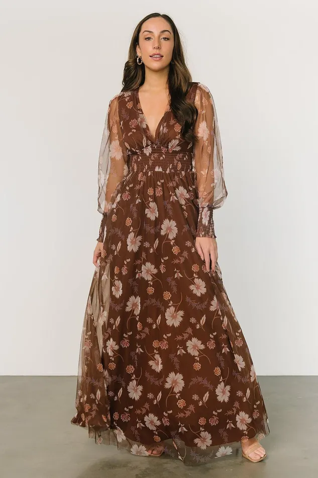 Women Wedding Guest Baltic Born Layla Tulle Maxi Dress Chestnut Floral