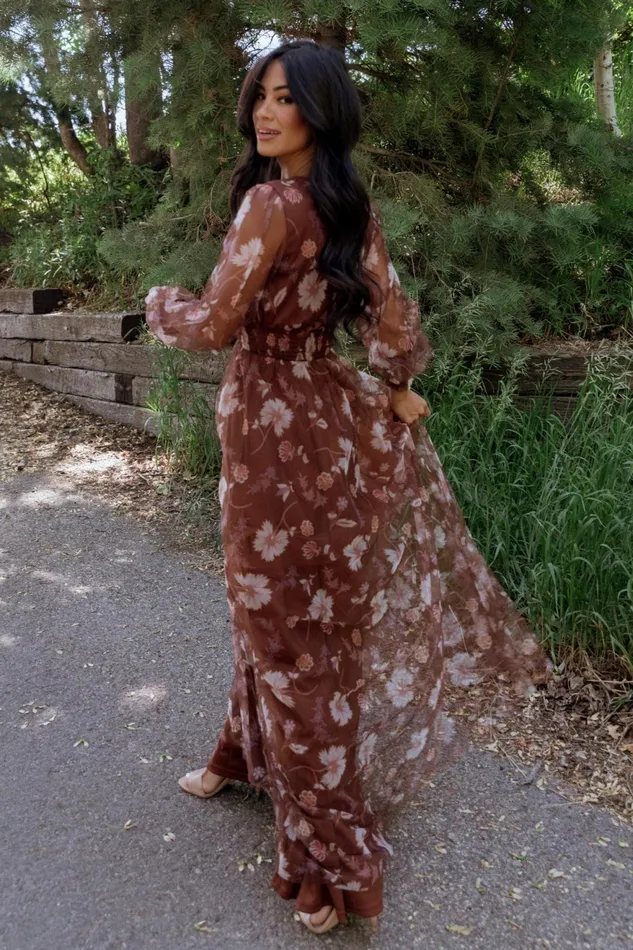 Women Wedding Guest Baltic Born Layla Tulle Maxi Dress Chestnut Floral