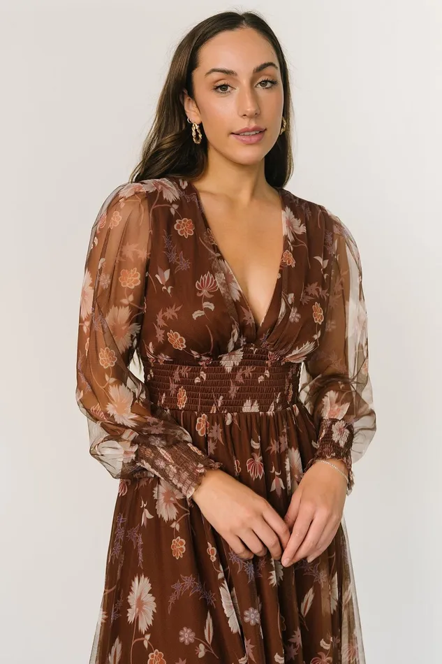 Women Wedding Guest Baltic Born Layla Tulle Maxi Dress Chestnut Floral