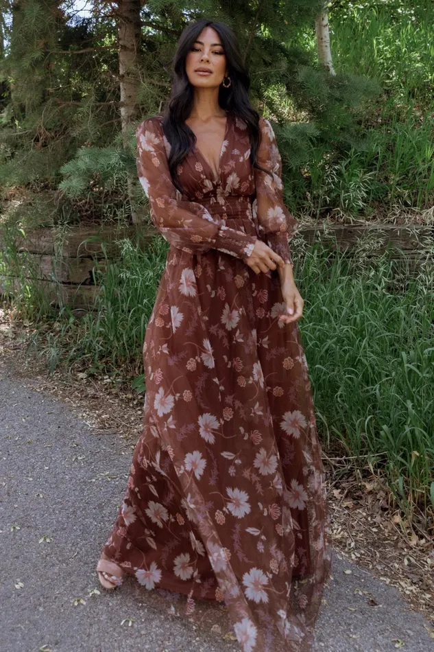 Women Wedding Guest Baltic Born Layla Tulle Maxi Dress Chestnut Floral