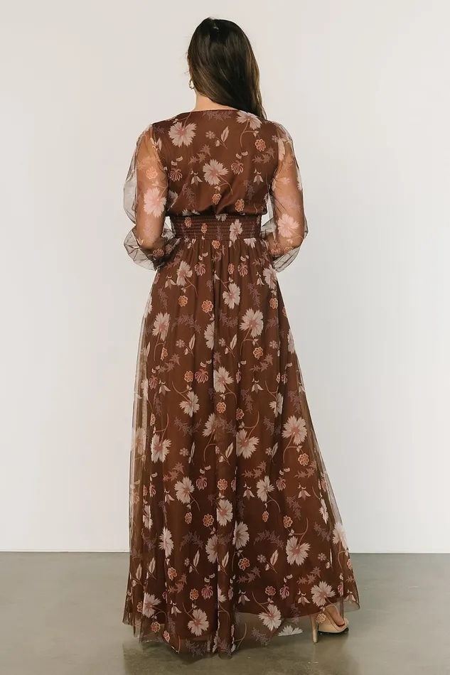 Women Wedding Guest Baltic Born Layla Tulle Maxi Dress Chestnut Floral