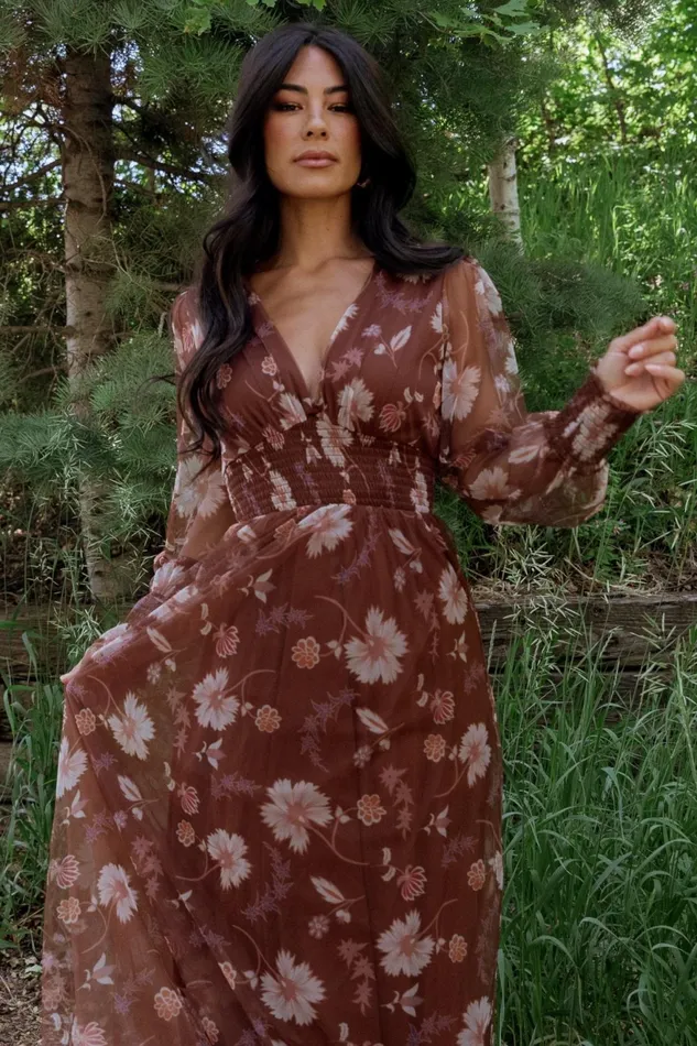 Women Wedding Guest Baltic Born Layla Tulle Maxi Dress Chestnut Floral