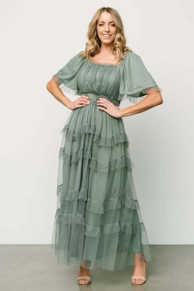 Women Wedding Guest Baltic Born Magdalena Tulle Maxi Dress Eucalyptus