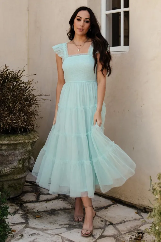 Women Wedding Guest Baltic Born Mindi Tulle Midi Dress Sea Blue