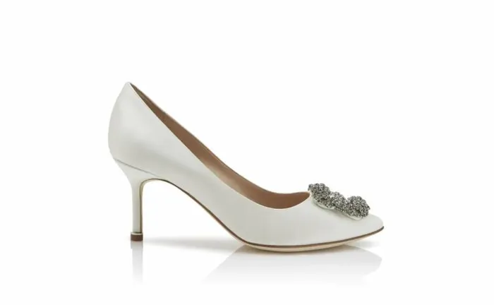 Women White Satin Jewel Buckle Pumps Manolo Blahnik Pumps