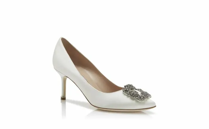 Women White Satin Jewel Buckle Pumps Manolo Blahnik Pumps