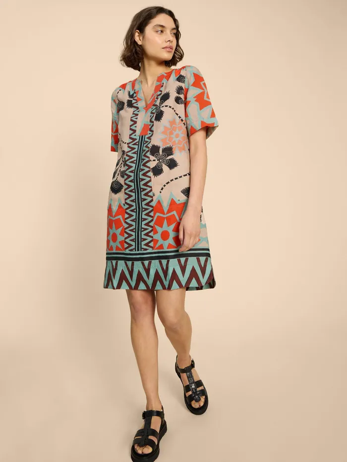 Women White Stuff Clothing June Linen Printed Notch Neck Dress