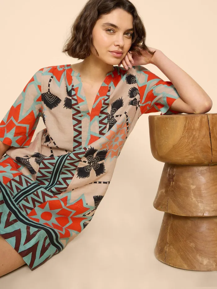 Women White Stuff Clothing June Linen Printed Notch Neck Dress Women White Stuff Clothing June Linen Printed Notch Neck Dress