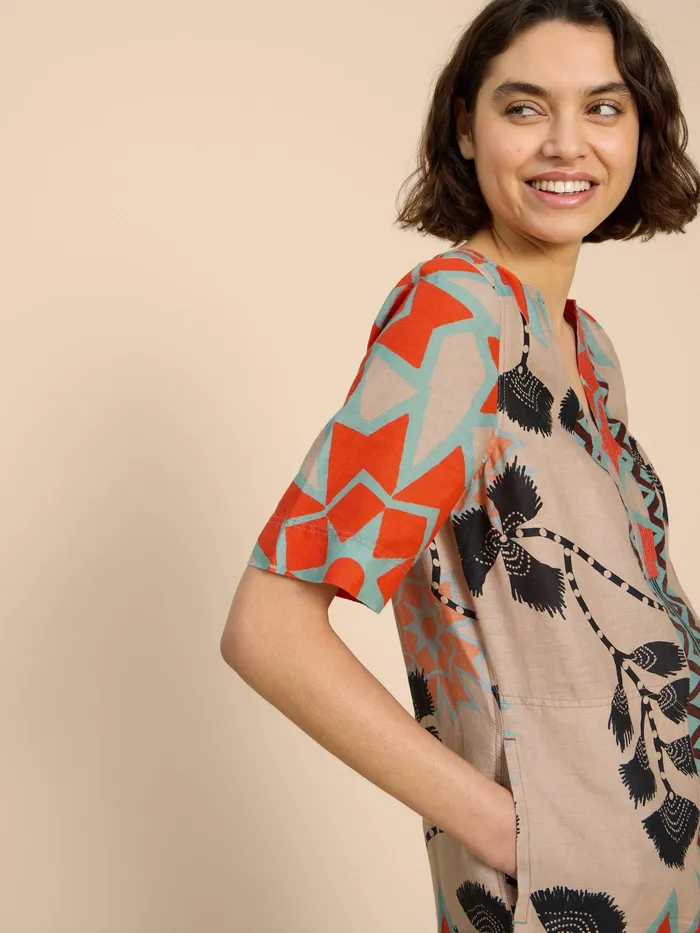 Women White Stuff Clothing June Linen Printed Notch Neck Dress Women White Stuff Clothing June Linen Printed Notch Neck Dress