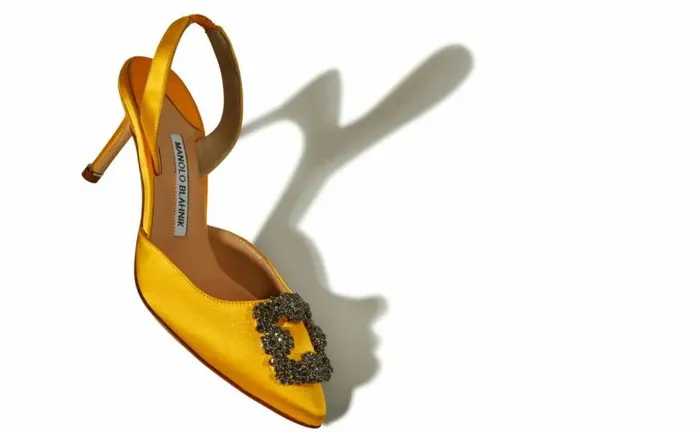 Women Yellow Satin Jewel Buckle Slingback Pumps Manolo Blahnik Pumps