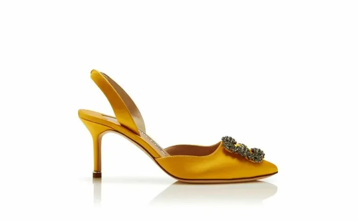 Women Yellow Satin Jewel Buckle Slingback Pumps Manolo Blahnik Pumps
