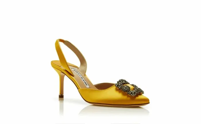 Women Yellow Satin Jewel Buckle Slingback Pumps Manolo Blahnik Pumps