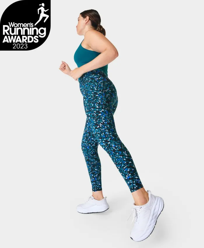 Women Zero Gravity Running Leggings Blue Weave Print Sweaty Betty Pocketed