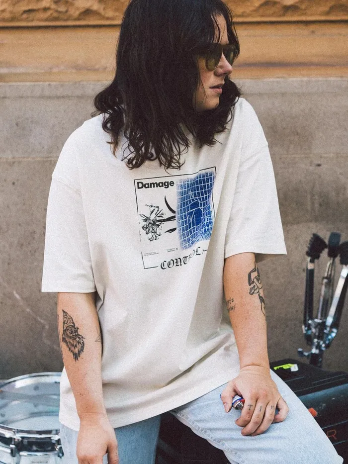 Womens Damage Control Oversized Tee Heritage White Thrills Tops and Tees